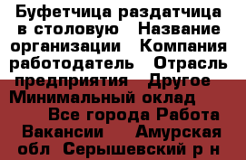 Буфетчица-раздатчица в столовую › Название организации ­ Компания-работодатель › Отрасль предприятия ­ Другое › Минимальный оклад ­ 17 000 - Все города Работа » Вакансии   . Амурская обл.,Серышевский р-н